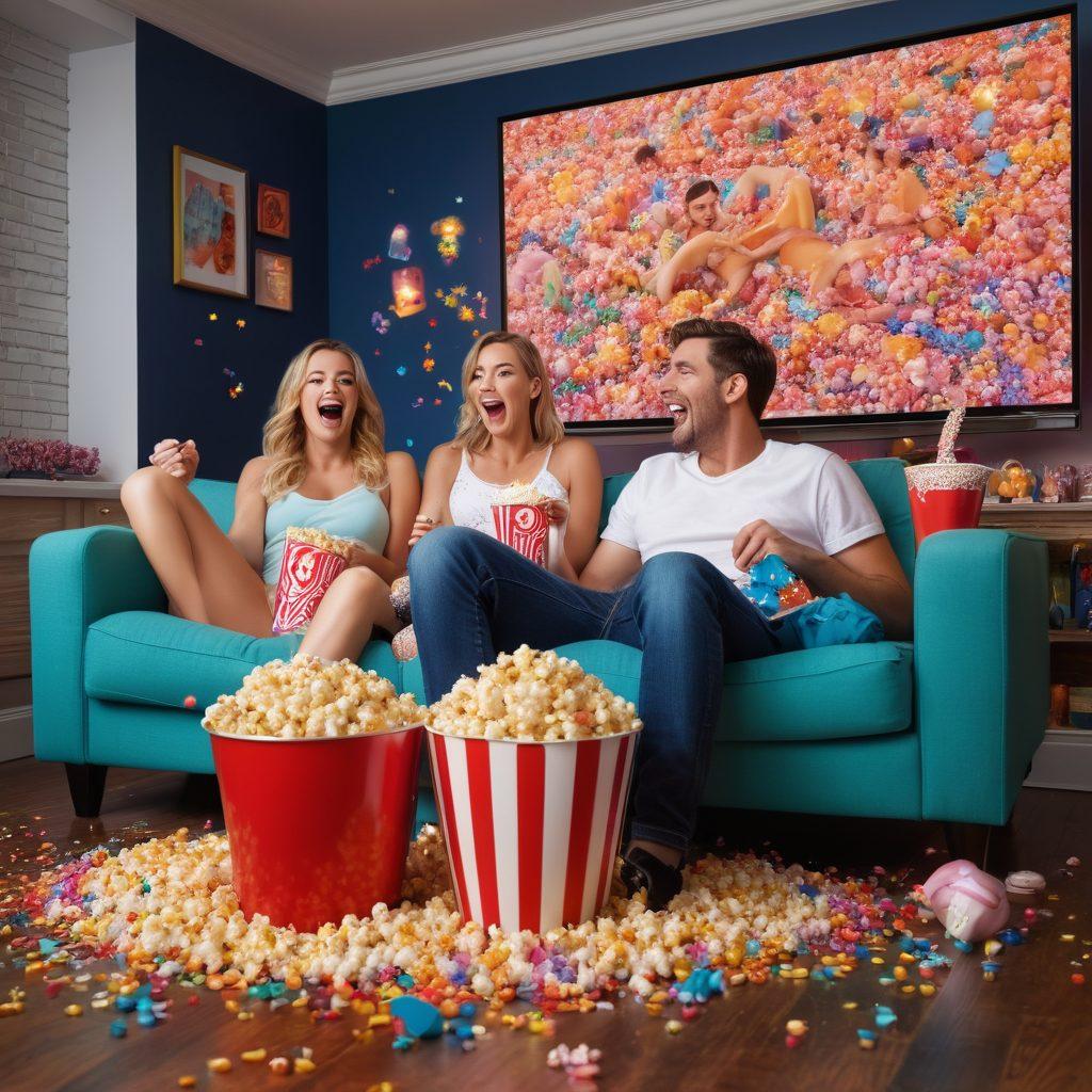 A whimsical scene featuring playful characters engaging in humorous activities while watching funny erotic video clips on a large screen. Incorporate elements of laughter and joy with colorful confetti, oversized popcorn buckets, and vibrant expressions. The setting should be a cozy living room with soft lighting and plush seating, inviting an atmosphere of fun and relaxation. super-realistic. vibrant colors. playful composition.