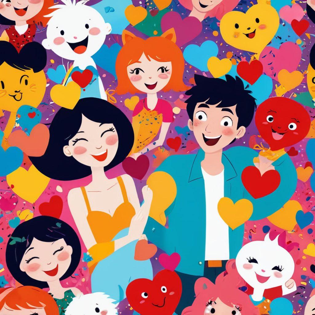 A lively collage featuring playful cartoon characters engaged in humorous antics intertwined with sensual elements, such as flirtatious winks and playful gestures. The background has subtle hints of excitement like confetti and hearts, invoking a joyous atmosphere. Bright and vivid colors should dominate the scene to evoke happiness and allure, with a light-hearted yet seductive vibe. Cartoonish style. vibrant colors. fun background.