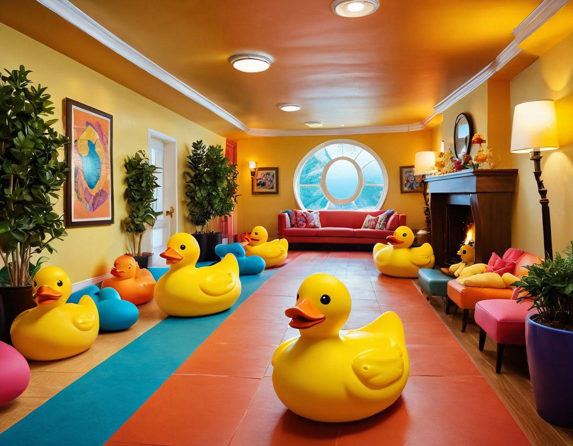 A whimsical cartoon scene depicting a winding path lined with oversized, playful props like giant rubber ducks and a comedy mask, leading to a bright, inviting adult lounge filled with laughter and engaging silhouettes. The setting should convey a sense of humor and relaxation, with vibrant colors and soft lighting. super-realistic. vibrant colors. cartoon style.